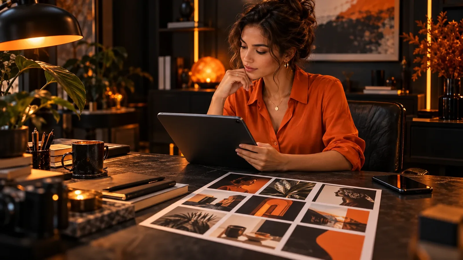 Profissional de camisa laranja revisando conteúdo em um tablet, com um painel de imagens sobre a mesa