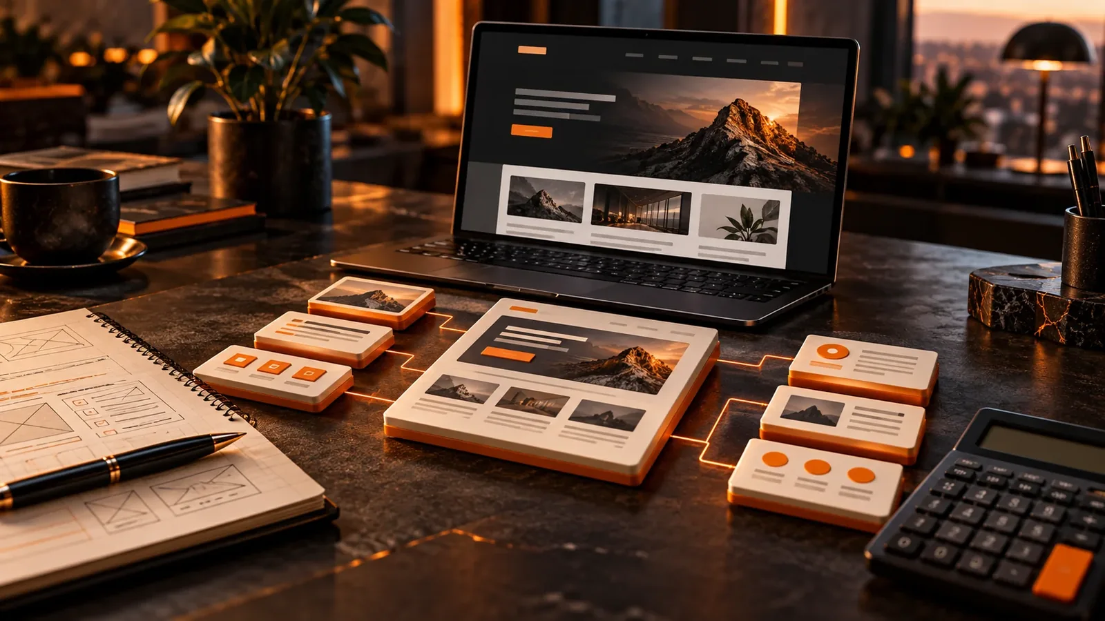Planejamento de um site com notebook, módulos de páginas, caderno e calculadora em uma mesa