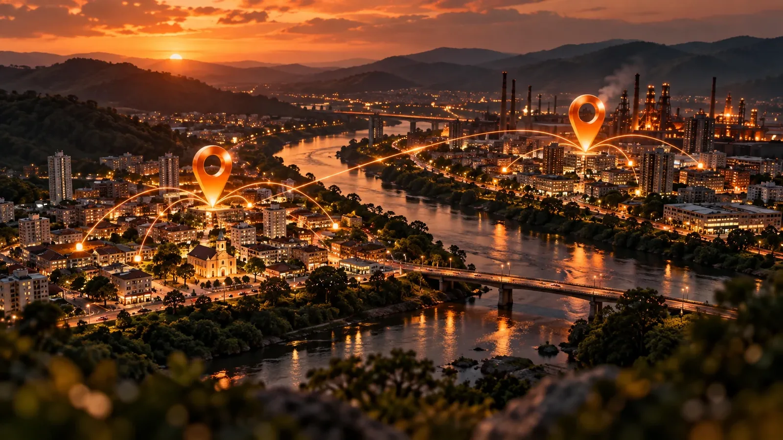 Cidades conceituais junto a um rio, conectadas por marcadores e caminhos luminosos laranja