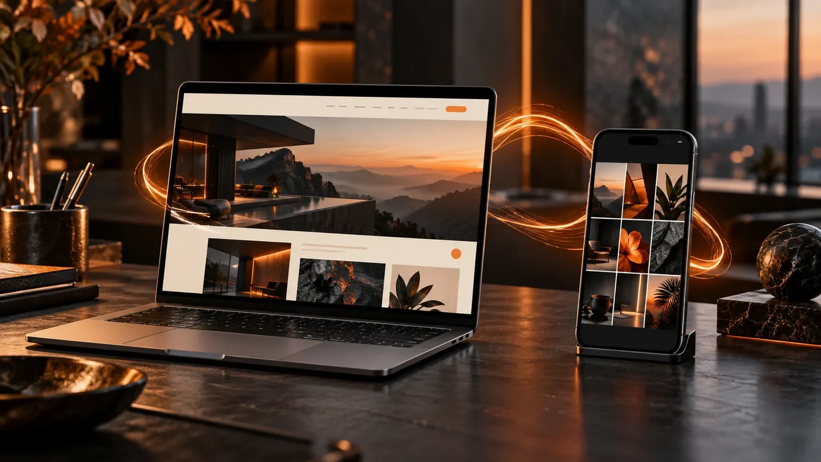 Notebook e celular com layouts coordenados, ligados por um caminho de luz laranja