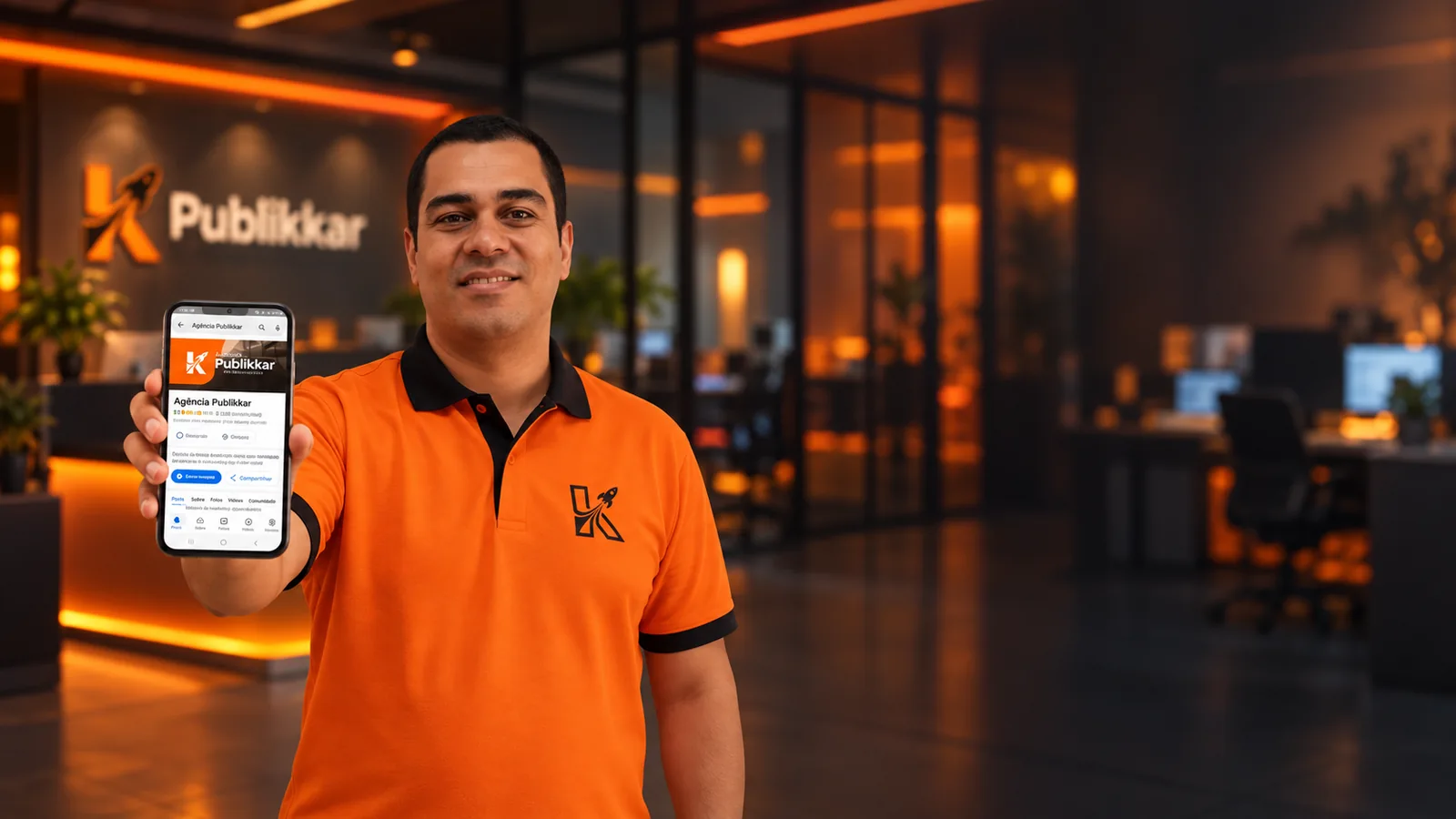 Marco apresentando a Publikkar em um ambiente com iluminação laranja