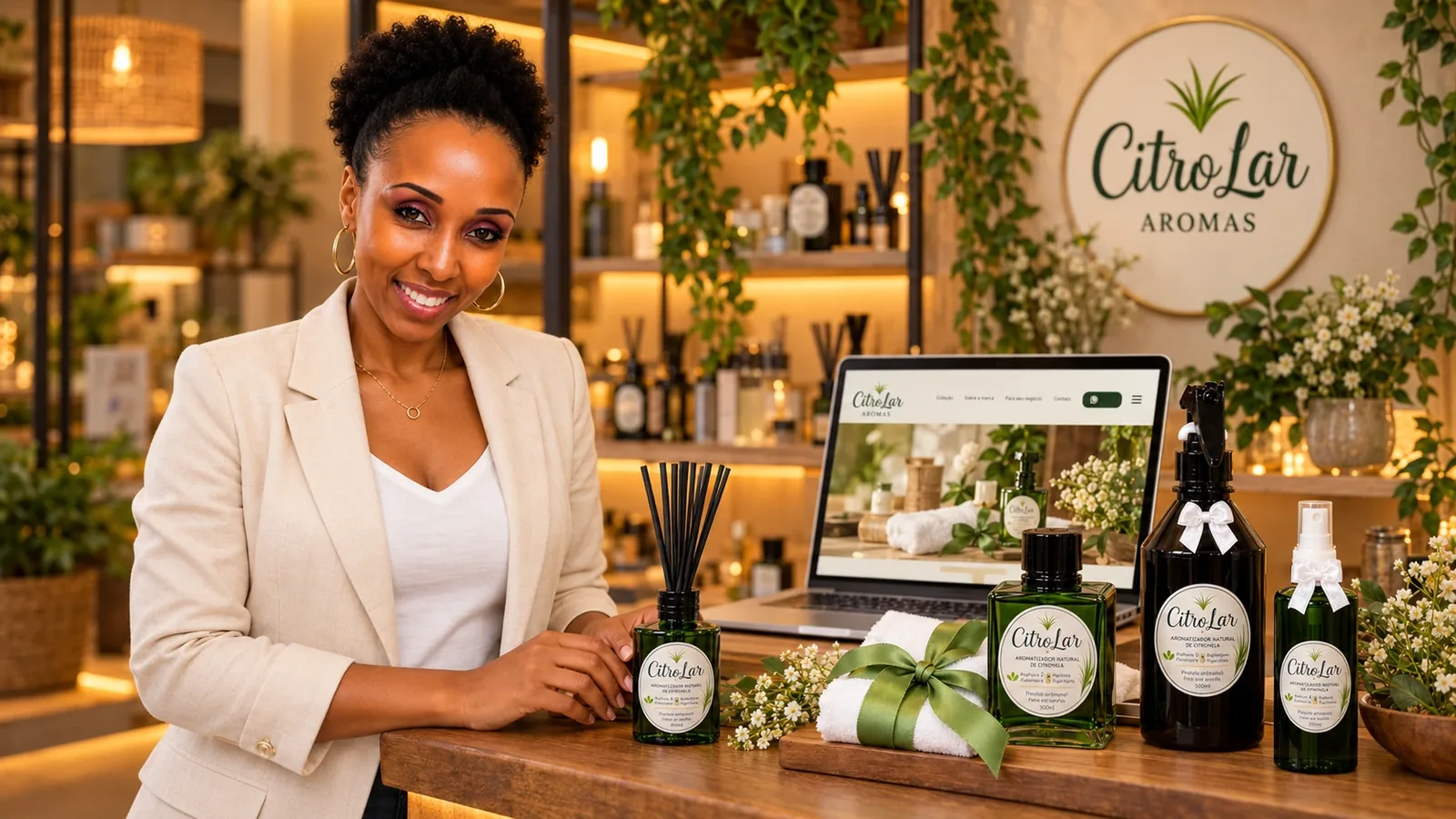 Priscila Félix com os produtos da Citrolar Aromas e notebook, em composição ilustrativa